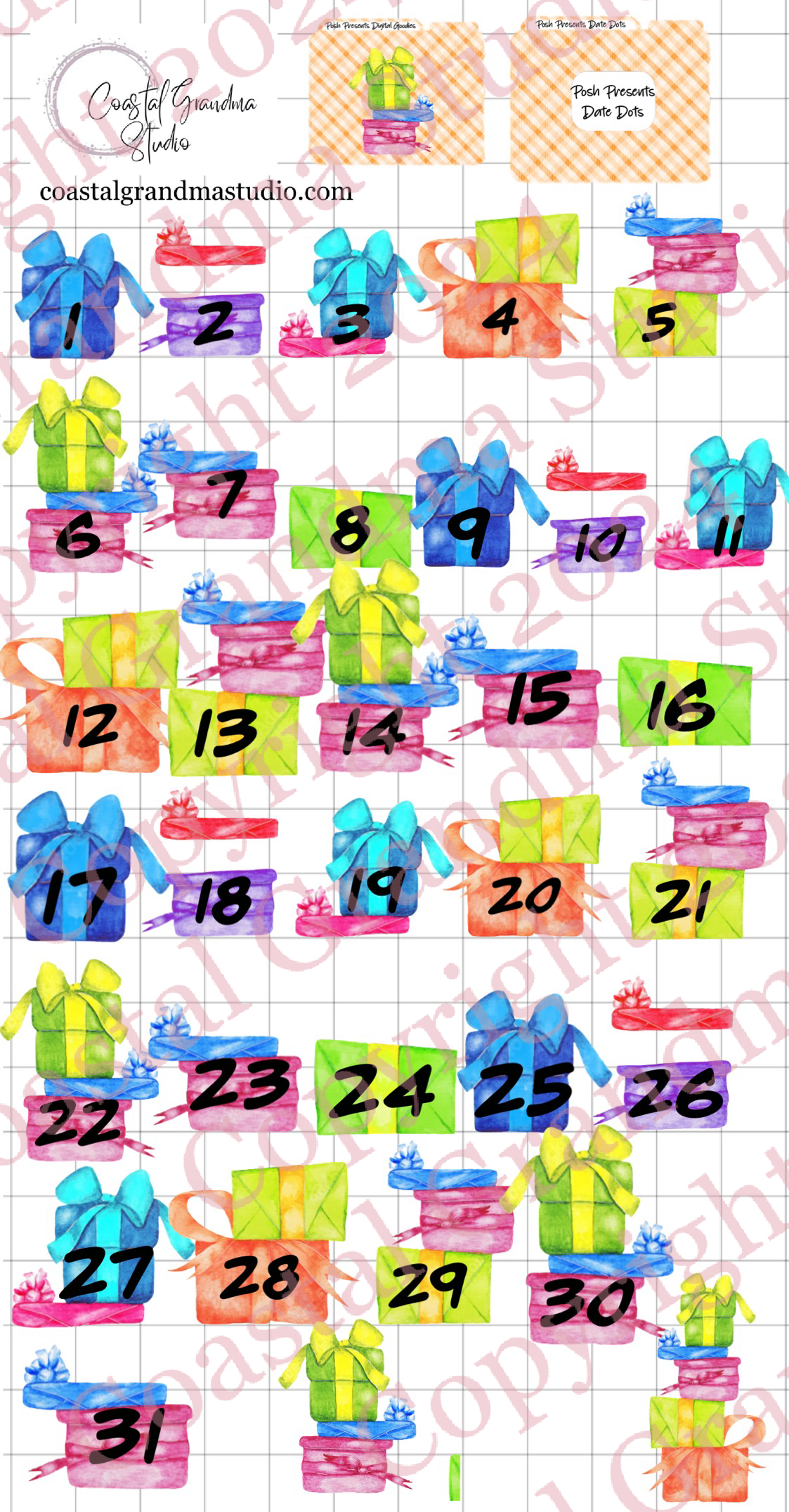 Posh Presents! Date Dots Digital Pre-Cropped Stickers For Goodnotes (4400-DD)