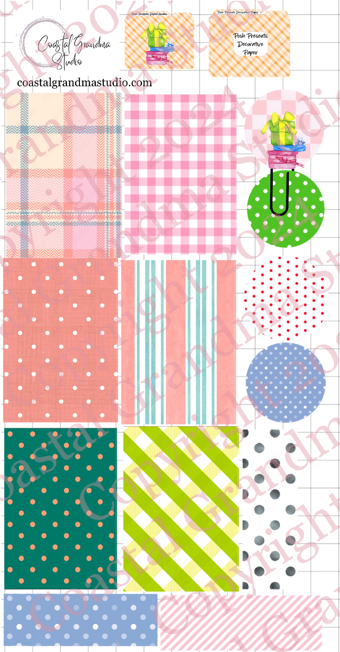 Posh Presents! Decorative Papers & Goodies Digital Pre-Cropped Stickers For Goodnotes (4400-PG)