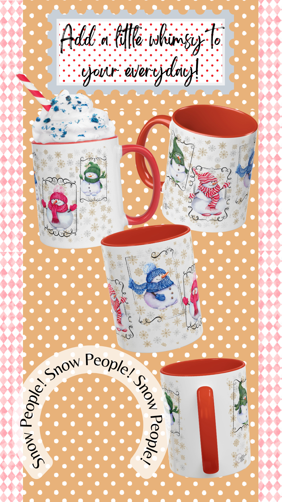 Snow People Ceramic Mug with Red Handle and Interior 11 0z.