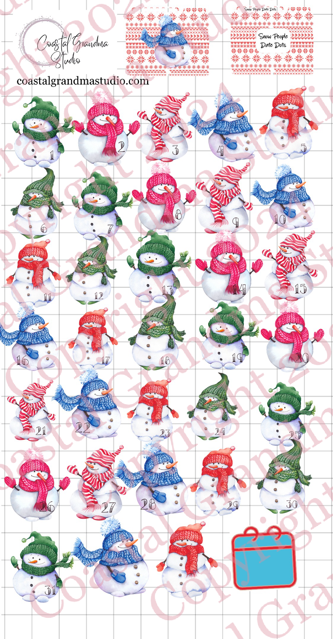 Snow People! Date Dots Digital Pre-Cropped Stickers For Goodnotes (4800-DD)