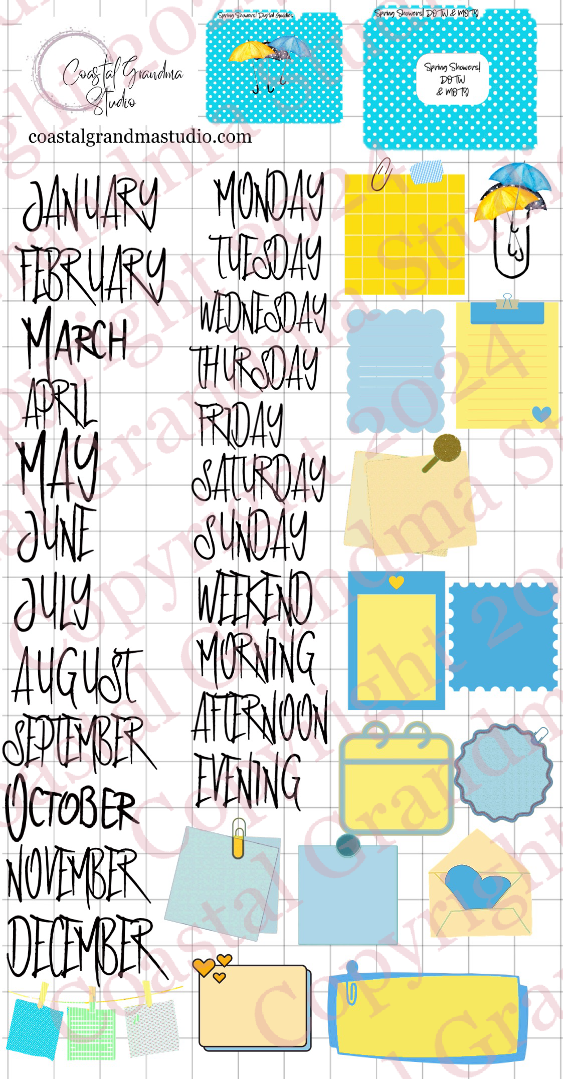 Spring Showers! Days Of The Week/Months Of The Year Digital Pre-Cropped Stickers For Goodnotes (6600-DM)
