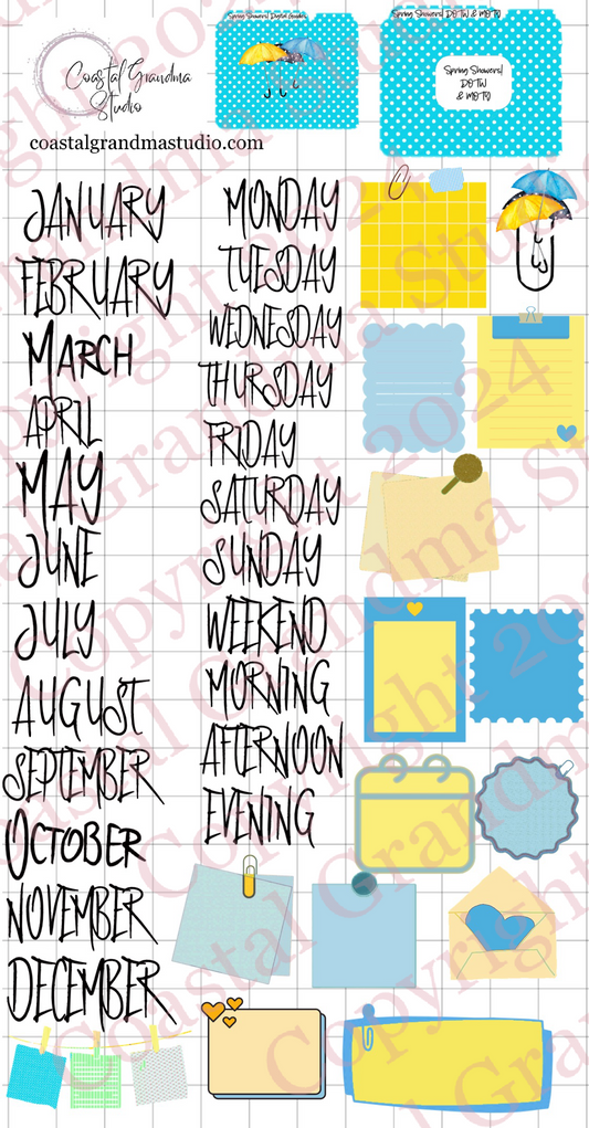 Spring Showers! Days Of The Week/Months Of The Year Digital Pre-Cropped Stickers For Goodnotes (6600-DM)