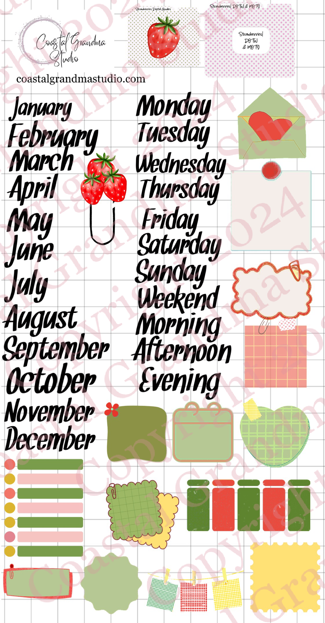 Strawberries! Days Of The Week/Months Of The Year Digital Pre-Cropped Stickers For Goodnotes (6900-DM)