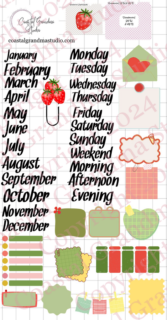 Strawberries! Days Of The Week/Months Of The Year Digital Pre-Cropped Stickers For Goodnotes (6900-DM)
