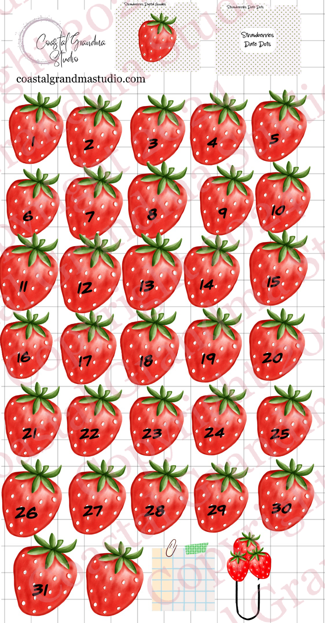 Strawberries! Date Dots Digital Pre-Cropped Stickers For Goodnotes (9800-DD)