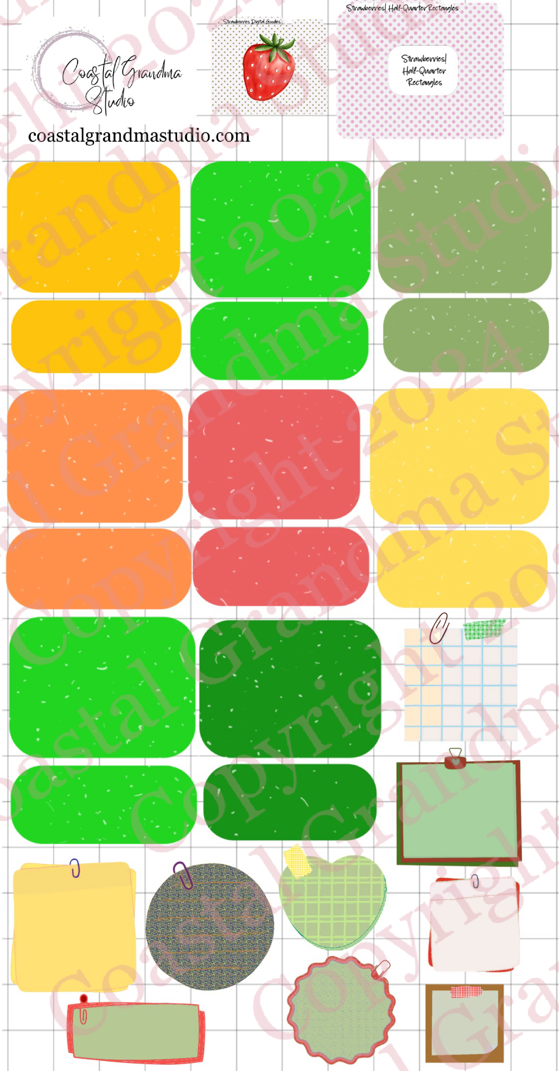 Strawberries! Half/Quarter Rectangles Digital Pre-Cropped Stickers For Goodnotes (6900-HQ)
