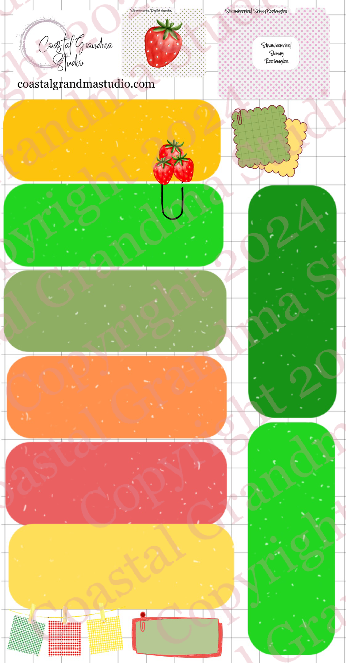 Strawberries! Skinny Rectangles Digital Pre-Cropped Stickers For Goodnotes (6800-SR)