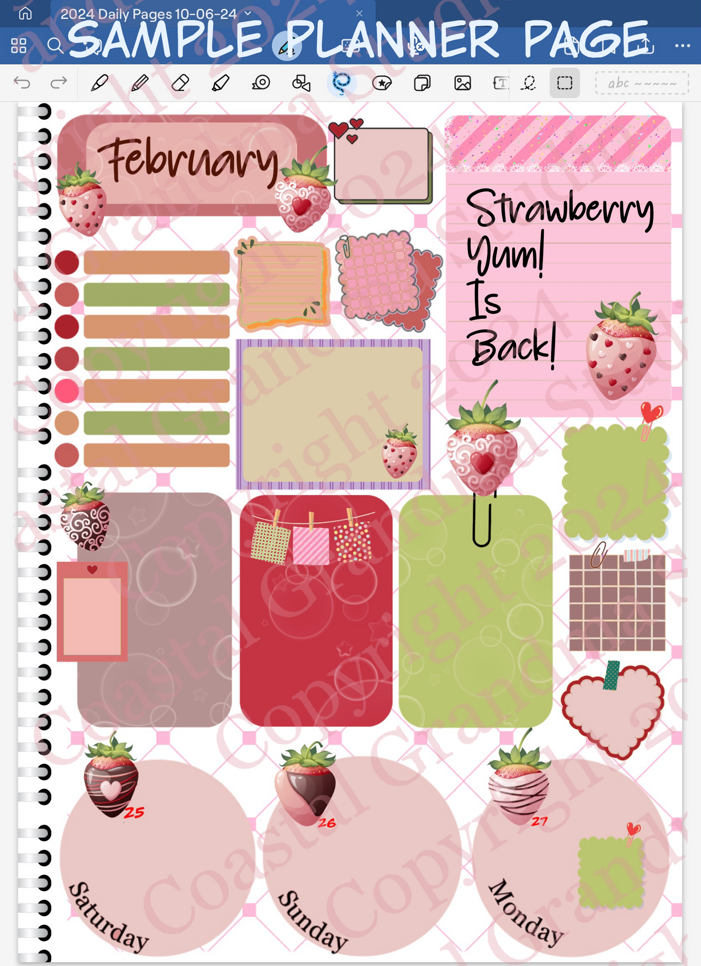 Strawberry Yum! Decorative Papers & Goodies Digital Pre-Cropped Stickers For Goodnotes (4500-PG)