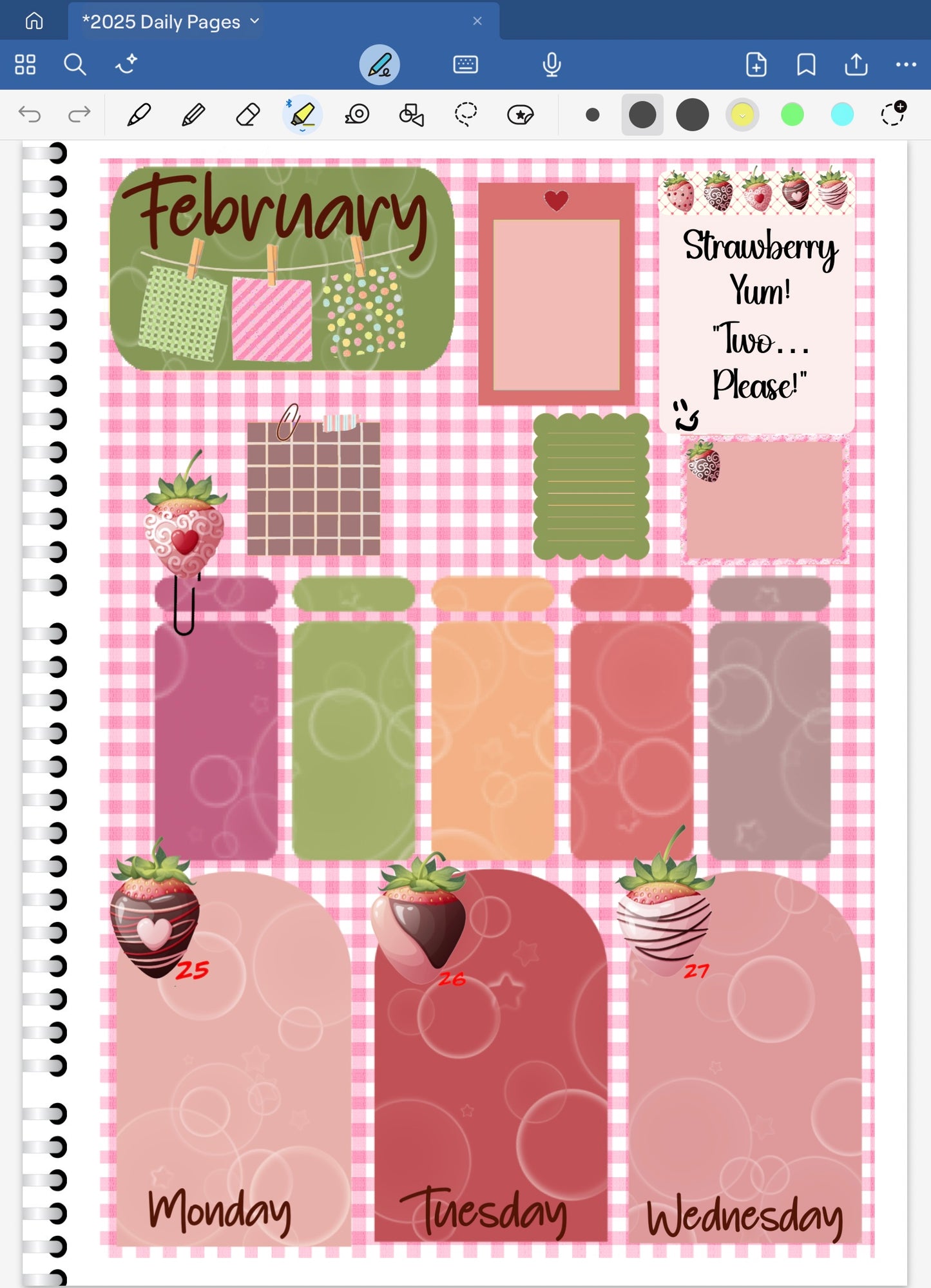 Goodnotes planner spread with strawberry digital stickers.
