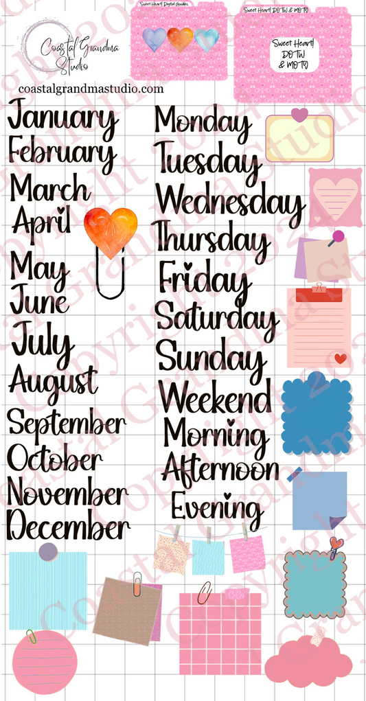 Sweet Heart! Days Of The Week/Months Of The Year Digital Pre-Cropped Stickers For Goodnotes (6000-DM)