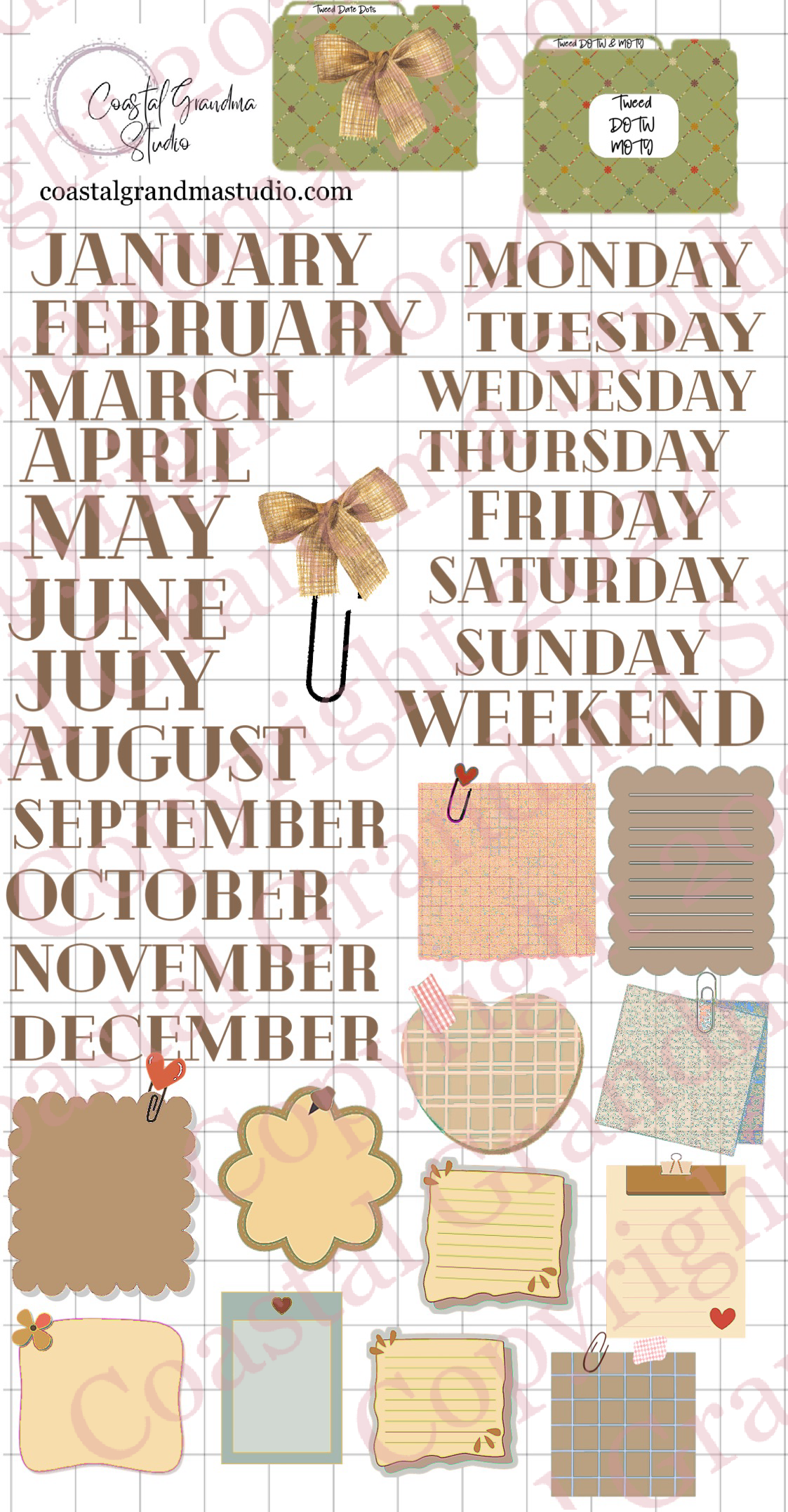Classic Tweed Bow! Days Of The Week/Months Of The Year Digital Pre-Cropped Stickers For Goodnotes (5100-DM)