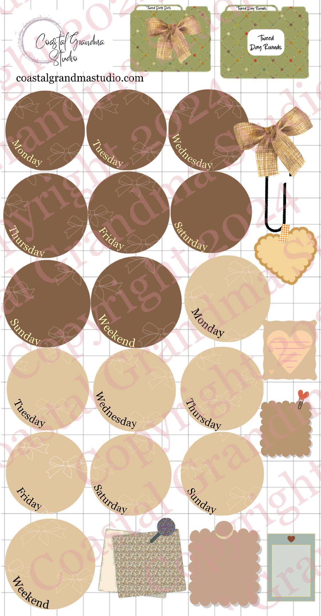 Classic Tweed Bow! Day Rounds Digital Pre-Cropped Stickers For Goodnotes (5100-DR)