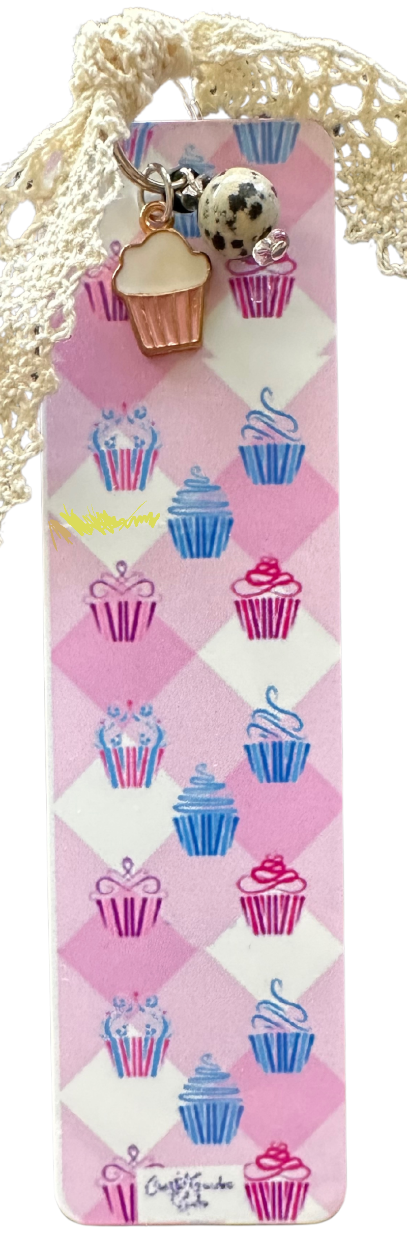 Cupcakes? Yes Please! Lightweight Aluminum Bookmark With Vintage Lace, Charms & a Jasper Bead (1311-B)