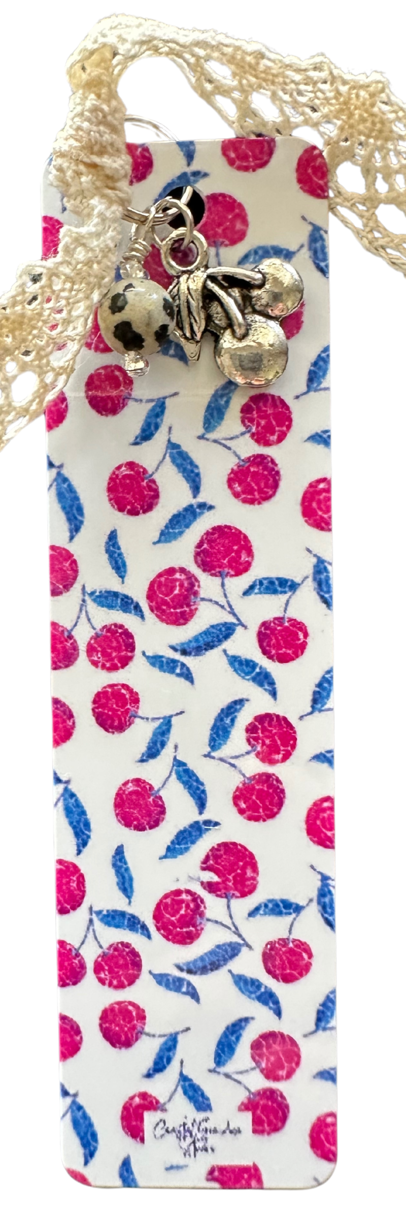 Crackled Glass Cherries! Lightweight Aluminum Bookmark With Vintage Lace, Charms & a Jasper Bead (1361-B)