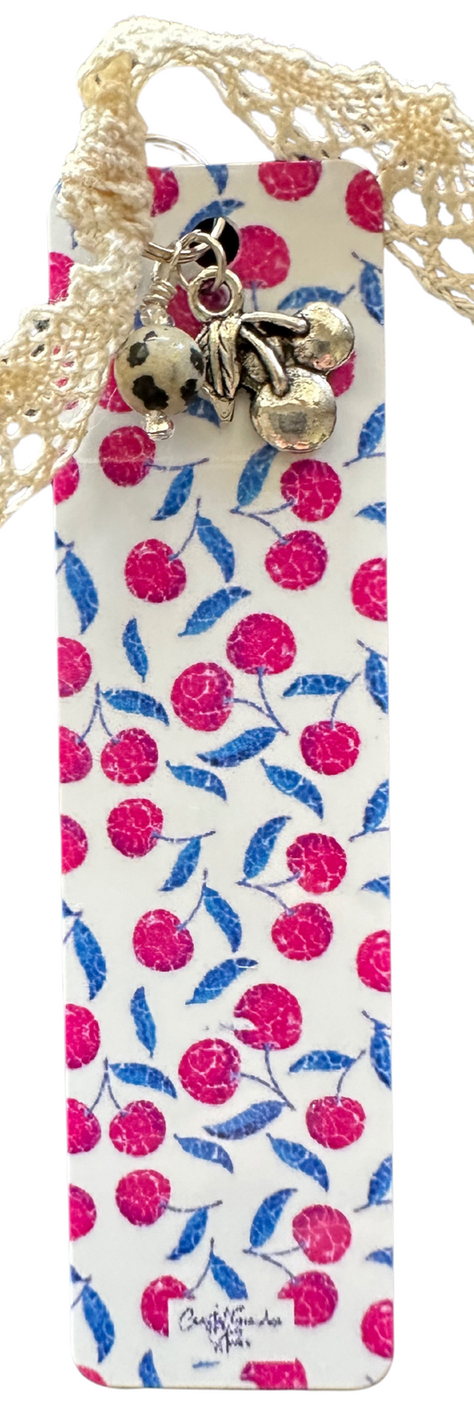 Crackled Glass Cherries! Lightweight Aluminum Bookmark With Vintage Lace, Charms & a Jasper Bead  (1361-B)