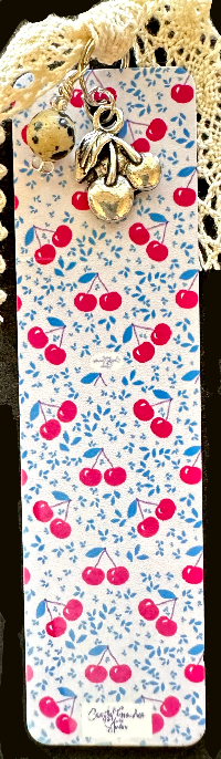 All the Cherries! LIghtweight Aluminum Bookmark With Vintage Lace, Charms and a Jasper Bead (1104-B)