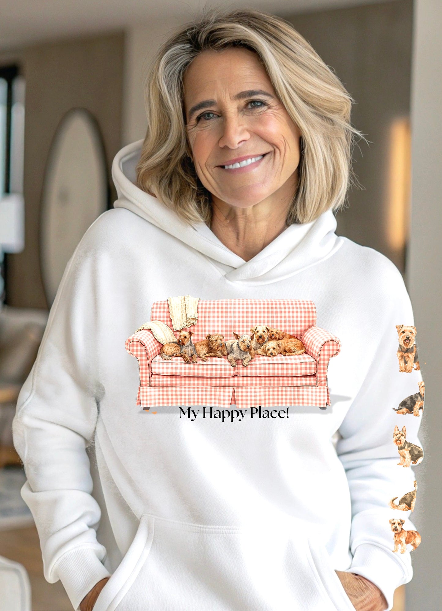 My Happy Place Terrier Hoodie – Girly Gingham, Shabby, Yet Chic Sofa, Dog Lovers Hoodie, Cozy Dog Hoodie (HC-1002)