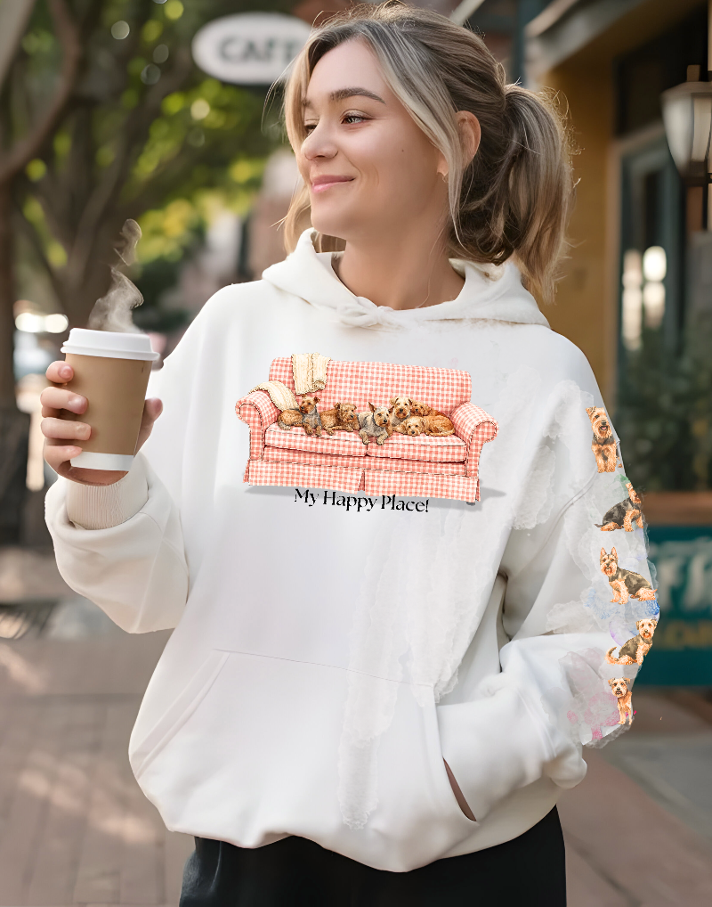 My Happy Place Terrier Hoodie – Girly Gingham, Shabby, Yet Chic Sofa, Dog Lovers Hoodie, Cozy Dog Hoodie (HC-1002)