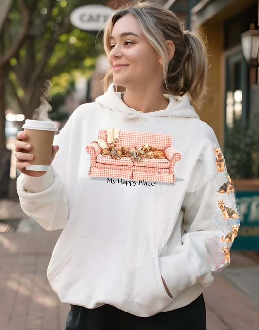 My Happy Place Terrier Hoodie – Girly Gingham, Shabby, Yet Chic Sofa, Dog Lovers Hoodie, Cozy Dog Hoodie (HC-1002)