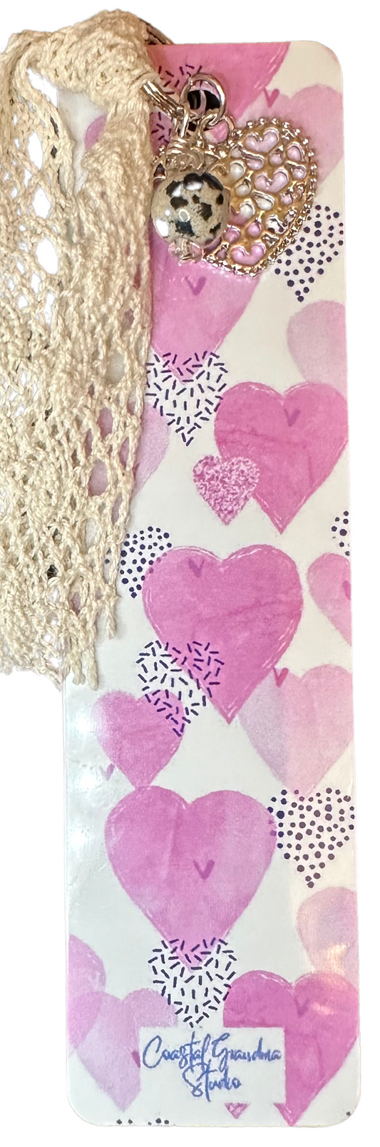 Soft Hearts! Lightweight Aluminum Bookmark With Vintage Lace, Charms & a Jasper Bead  (1501-B)