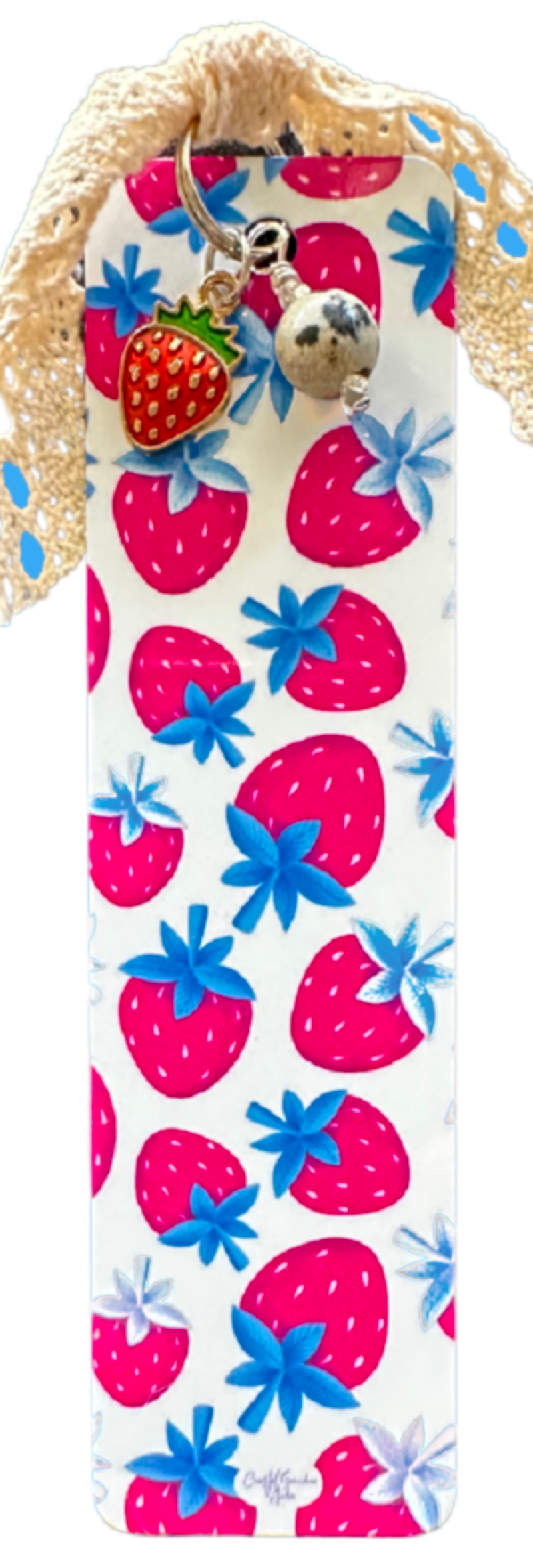 Strawberry Charm Bookmark – Cute Aesthetic Bookmark with Lace Ribbon, Charms - Gift for Book Lovers (1123-B)