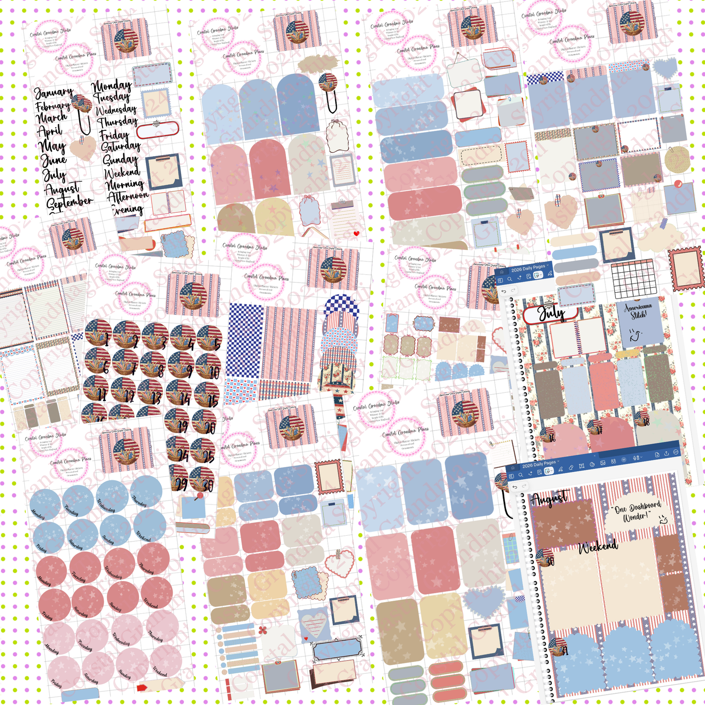 Americana Stitch! GoodNotes Sticker Bundle – Digital Planner Stickers for iPad, Pre-Cropped Aesthetic Stickers Pack (9100-BU)