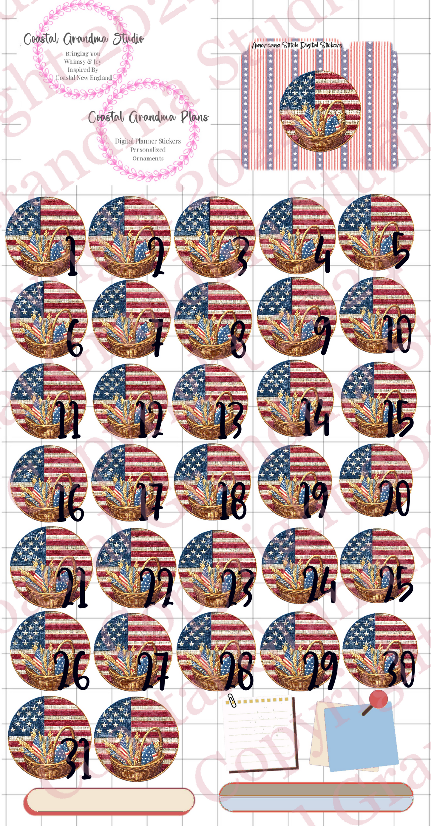 Americana Stitch! GoodNotes Sticker Bundle – Digital Planner Stickers for iPad, Pre-Cropped Aesthetic Stickers Pack (9100-BU)