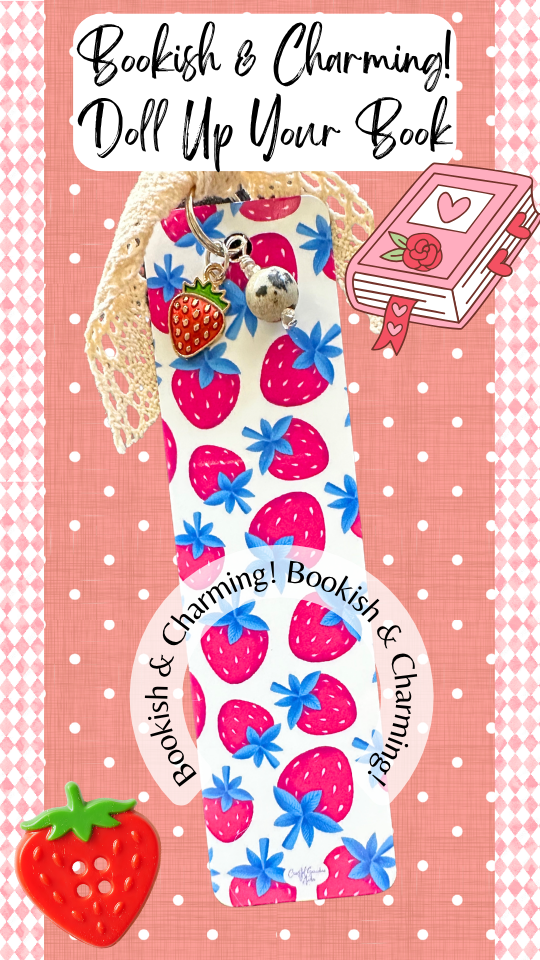 Strawberry Charm Bookmark – Cute Aesthetic Bookmark with Lace Ribbon, Gift for Book Lovers (1401-B)
