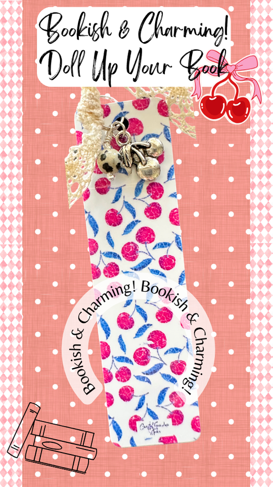 Crackled Cherry Charm Bookmark – Cute Aesthetic Bookmark with Lace Ribbon, Gift for Book Lovers  (1361-B)