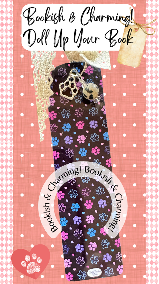Paw Print Charm Bookmark – Cute Aesthetic Bookmark with Lace Ribbon, Gift for Book Lovers (1315-B)