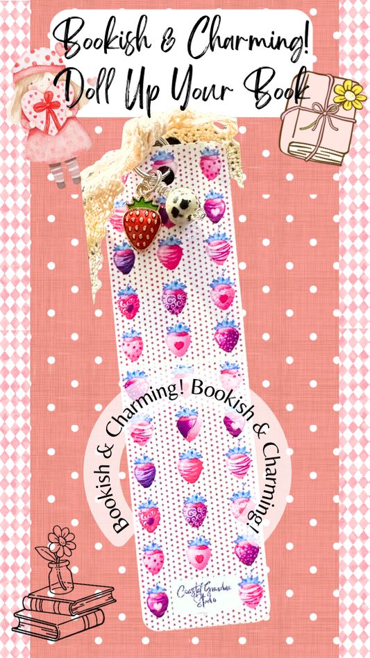 Strawberry Charm Bookmark – Cute Aesthetic Bookmark with Lace Ribbon, Gift for Book Lovers (1401-B)