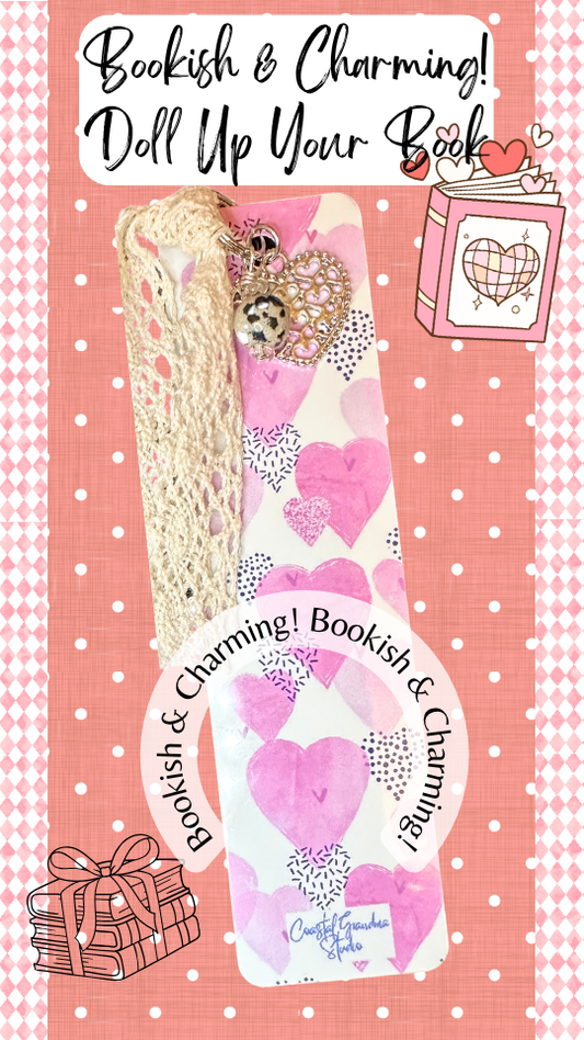 Pink Heart Charm Bookmark – Cute Aesthetic Bookmark with Lace Ribbon, Gift for Book Lovers  (1501-B)