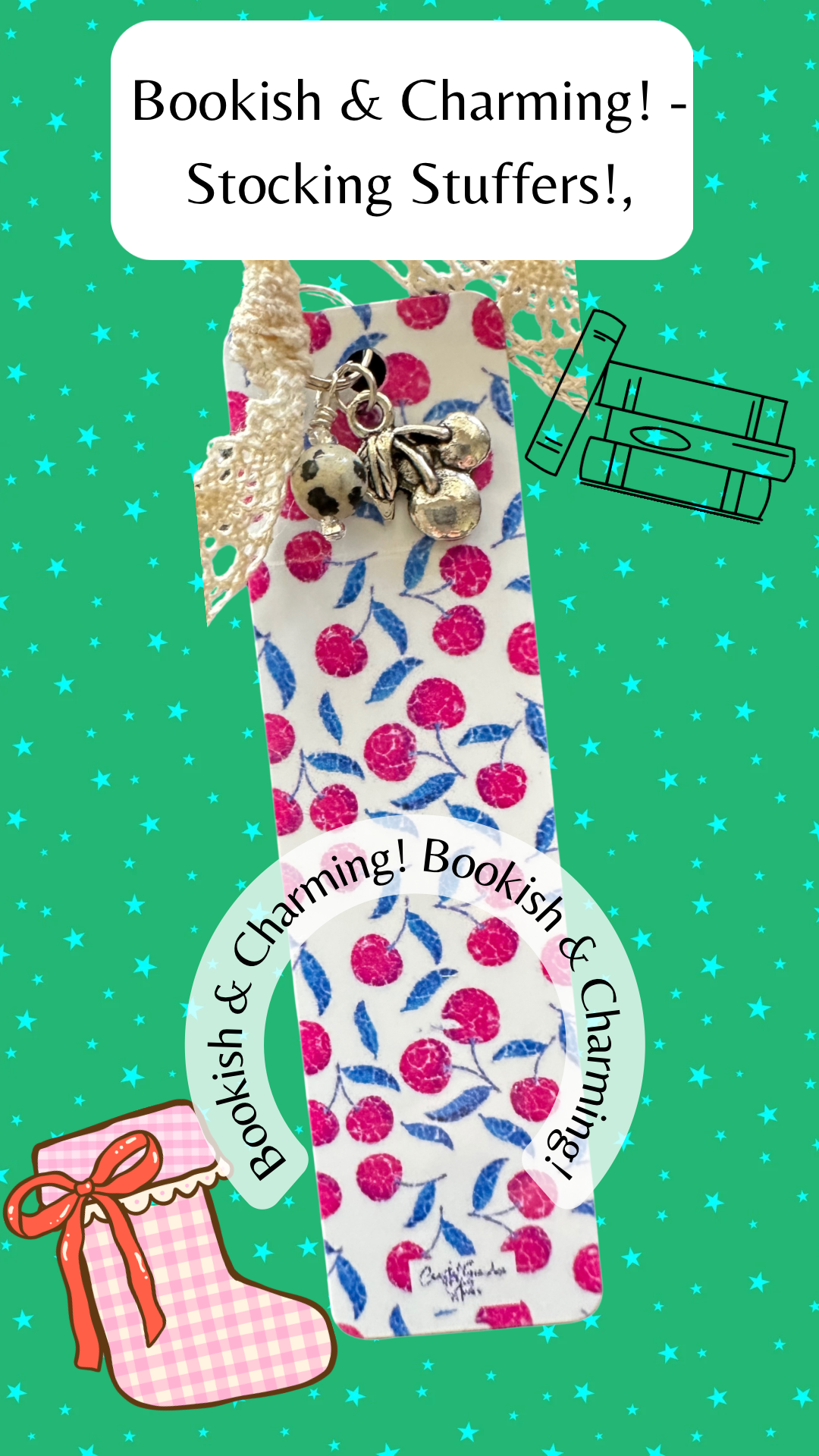 Coquette aesthetic shabby chic inspired aluminum bookmark, with cherry charm, dalmation jasper charm and vintage cotton lace ribbon.