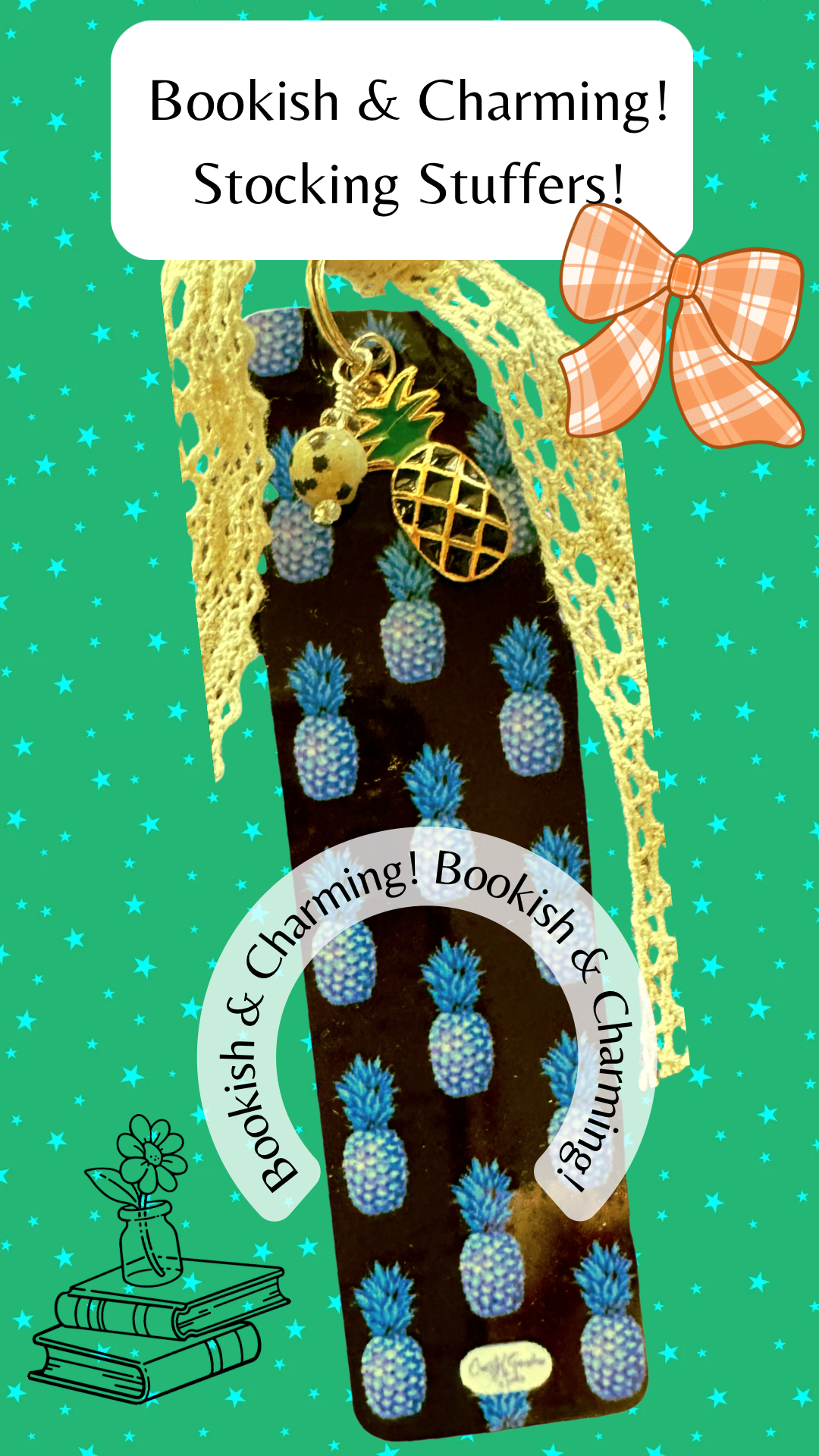Aluminum bookmark with a black brackground and colorful pineapples acattered about. An enamel pineapple charm and a  Dalmation Jasper bead come together with a shabby chic coquette aesthetic cotton lavce ribbon.