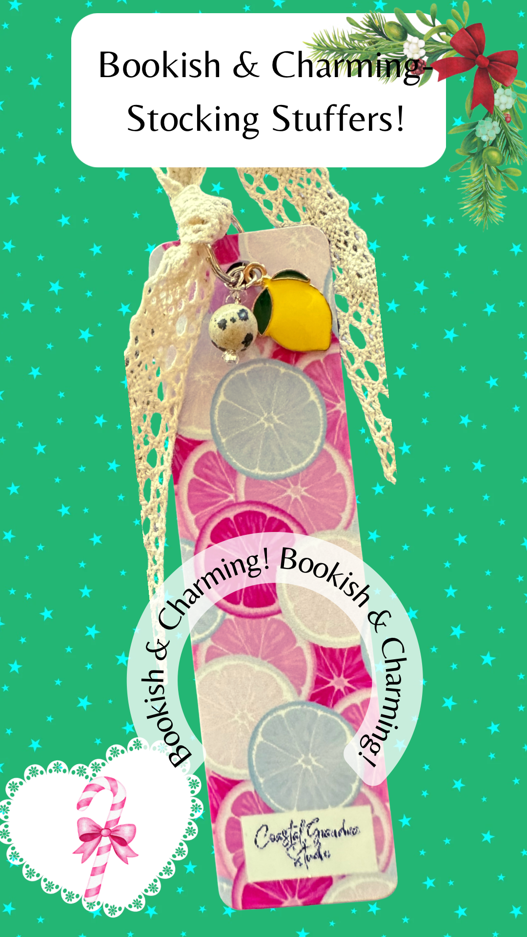 Aluminum bookmark with slices of lemon, lime and orange. An cute enamel lemon charm and a Dalmation Jasper Bead all come together on an luminum bookmark fginished with a shabby chic inspired coquetter cotton lace ribbon.
