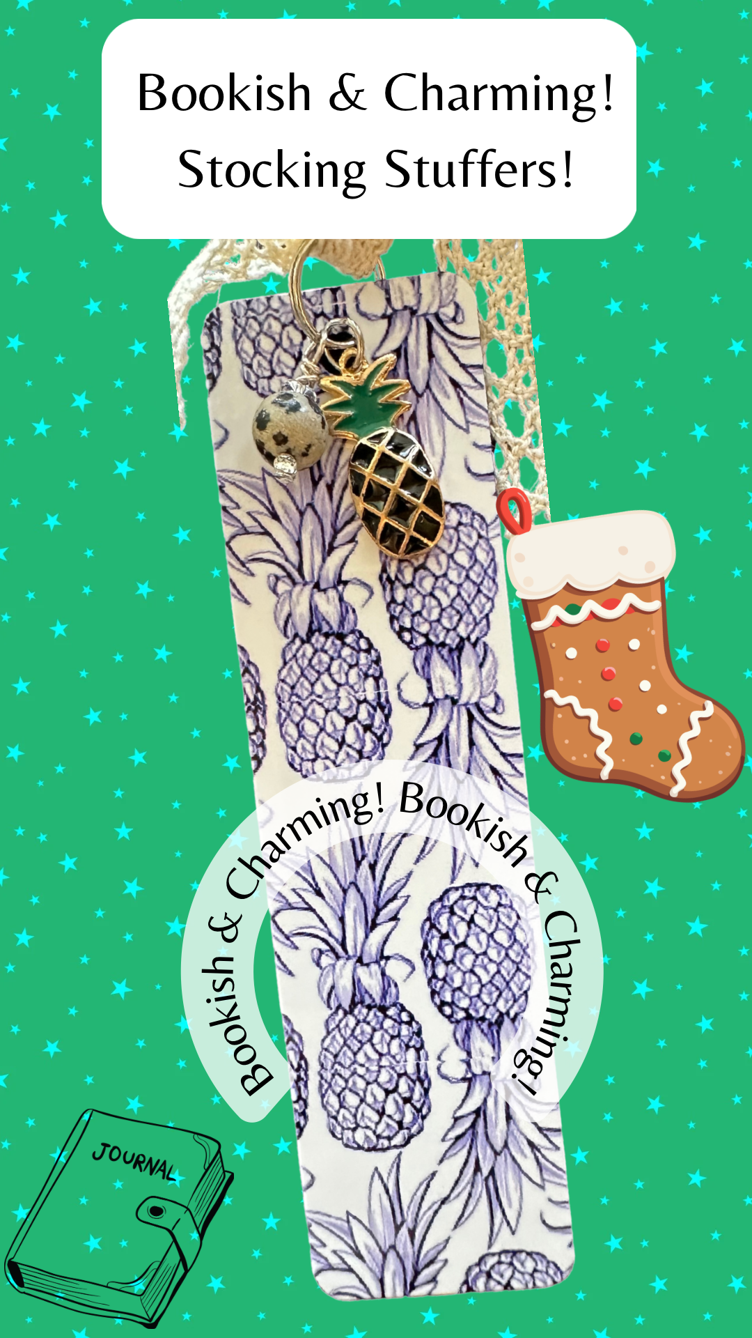 Pineapple destign aluminum bookmark includes an enameled pineapple and Dalmation Jasper Charm. With a shabby chic coquette aesthetic it all comes together with a cotton lae ribbon.