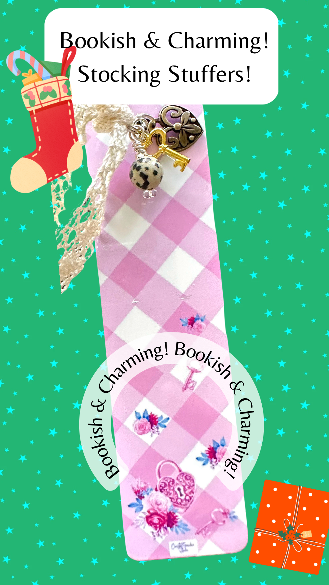Heart and key charms, lace ribbon, and dalmation jasper bead in a coquette aesthtic pink bookmark.