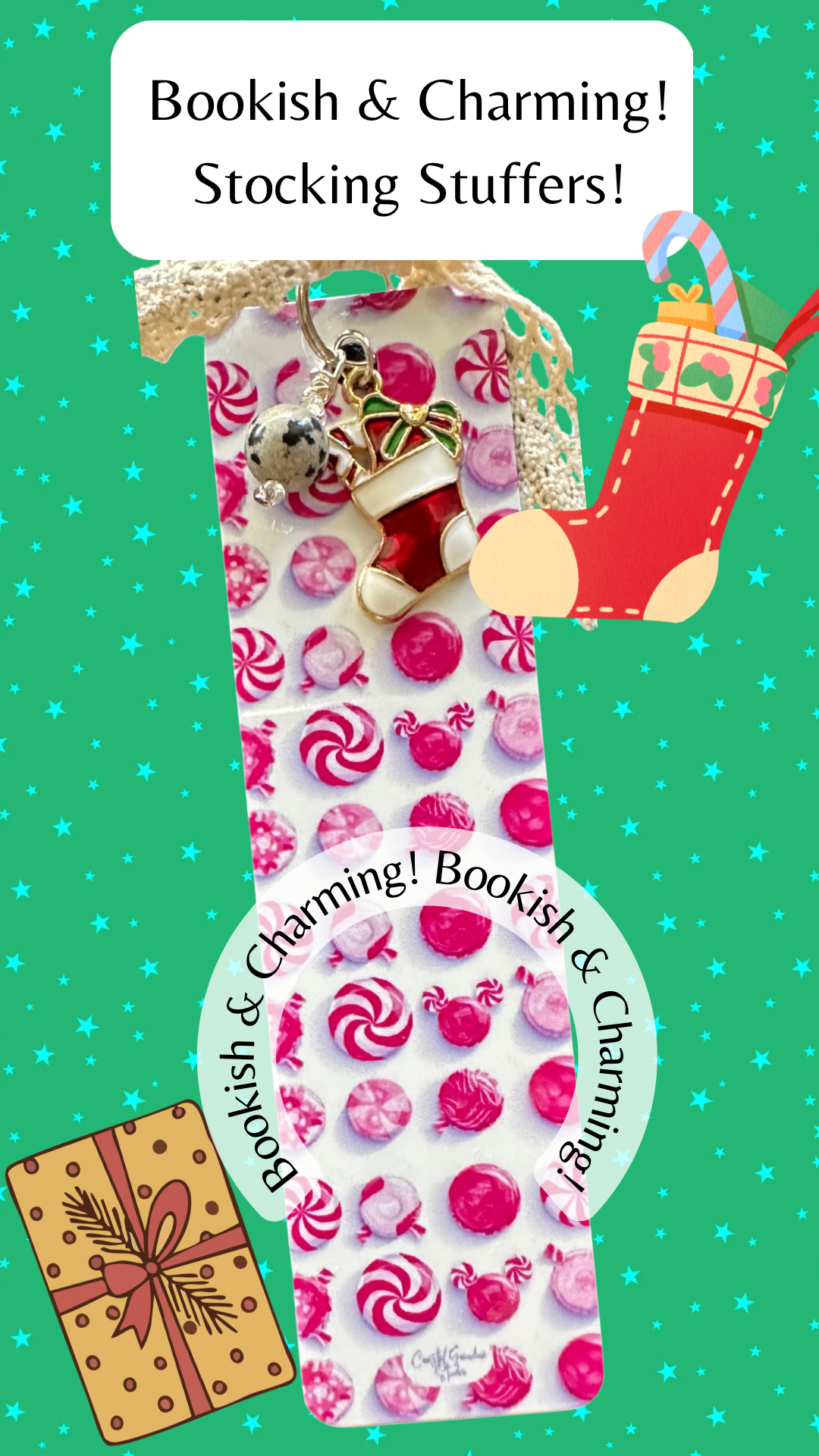 Peppermint Surprise! Lightweight Aluminum Bookmark With Vintage Lace, Charms & a Jasper Bead  (1427-B)