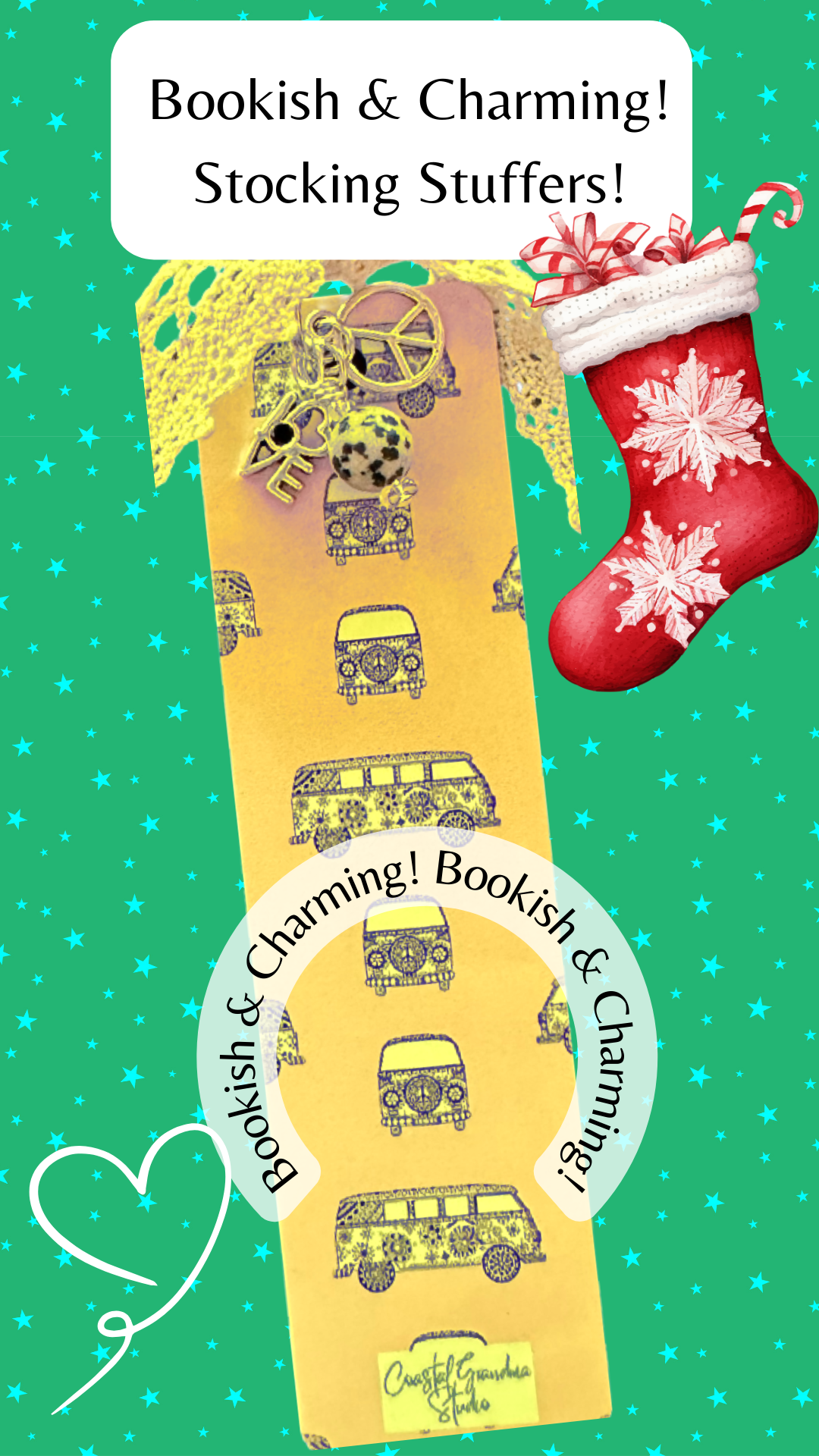 1966 - Grandma's Endless Summer! Lightweight Aluminum Bookmark With Vintage Lace, Charms & Jasper Bead (1350-B)