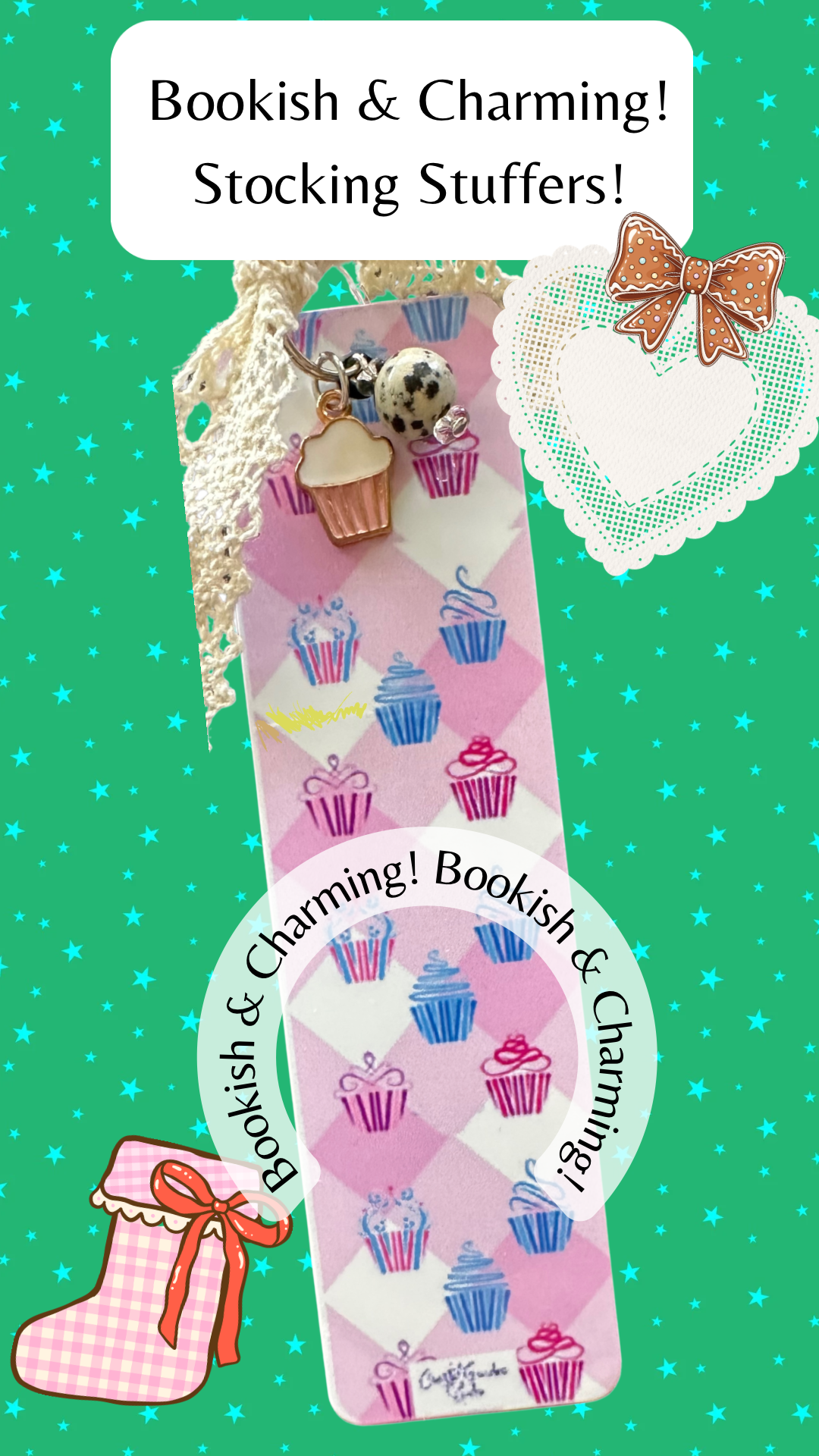 Cupcakes? Yes Please! Lightweight Aluminum Bookmark  With Vintage Lace, Charms & a Jasper Bead  (1311-B)