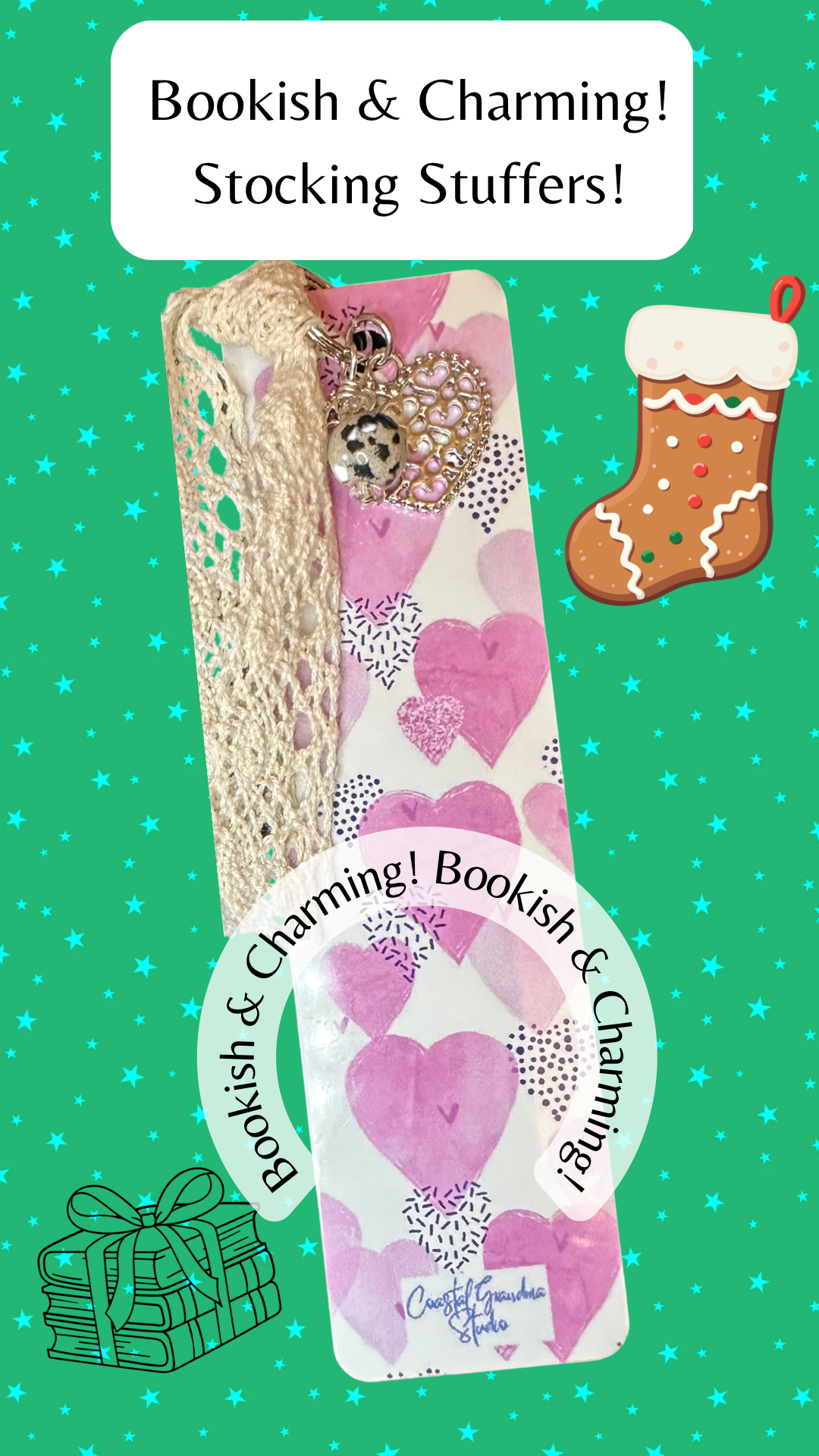 Soft Hearts! Lightweight Aluminum Bookmark With Vintage Lace, Charms & a Jasper Bead  (1501-B)