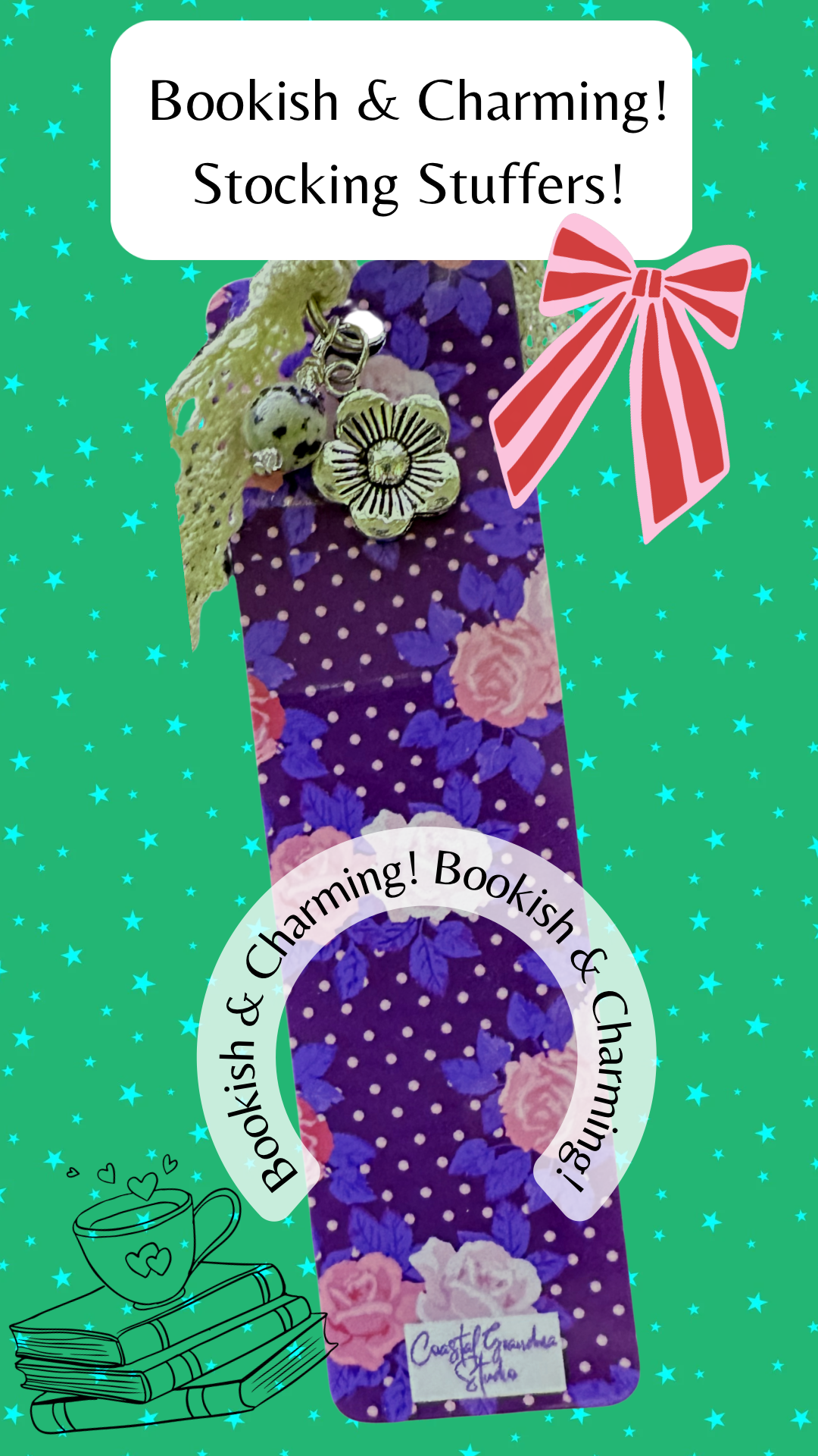 Prize Winners! Lightweight Aluminum Bookmark  With Vintage Lace, Charms & a Jasper Bead  (1514-B)