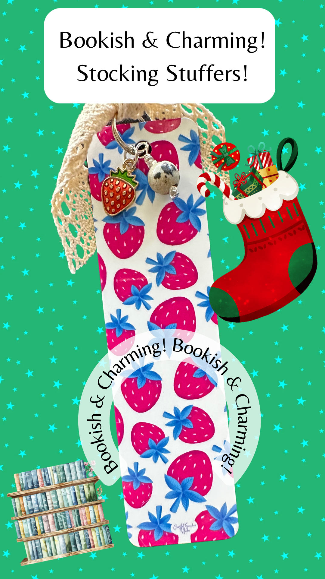 Strawberry Tumble! Lightweight Aluminum Bookmark With Vintage Lace, Charms & a Jasper Bead  (1123-B)