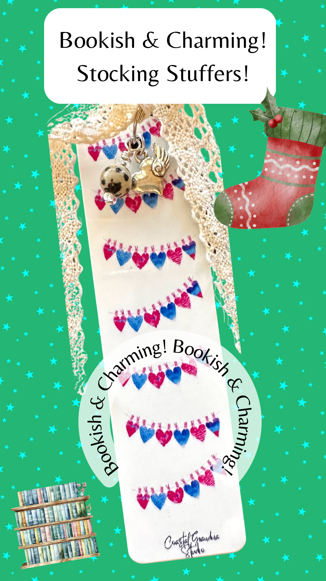 Winged hart charm bookamrk includes a dalmation jasper bead and a cottagecore shabby chic lace ribbon.