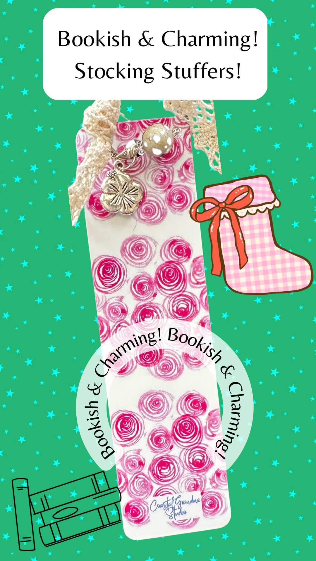 I Can Buy Myself Flowers! Lightweight Aluminum Bookmark With Vintage Lace, Charms & a Jasper Bead  (1391-B)