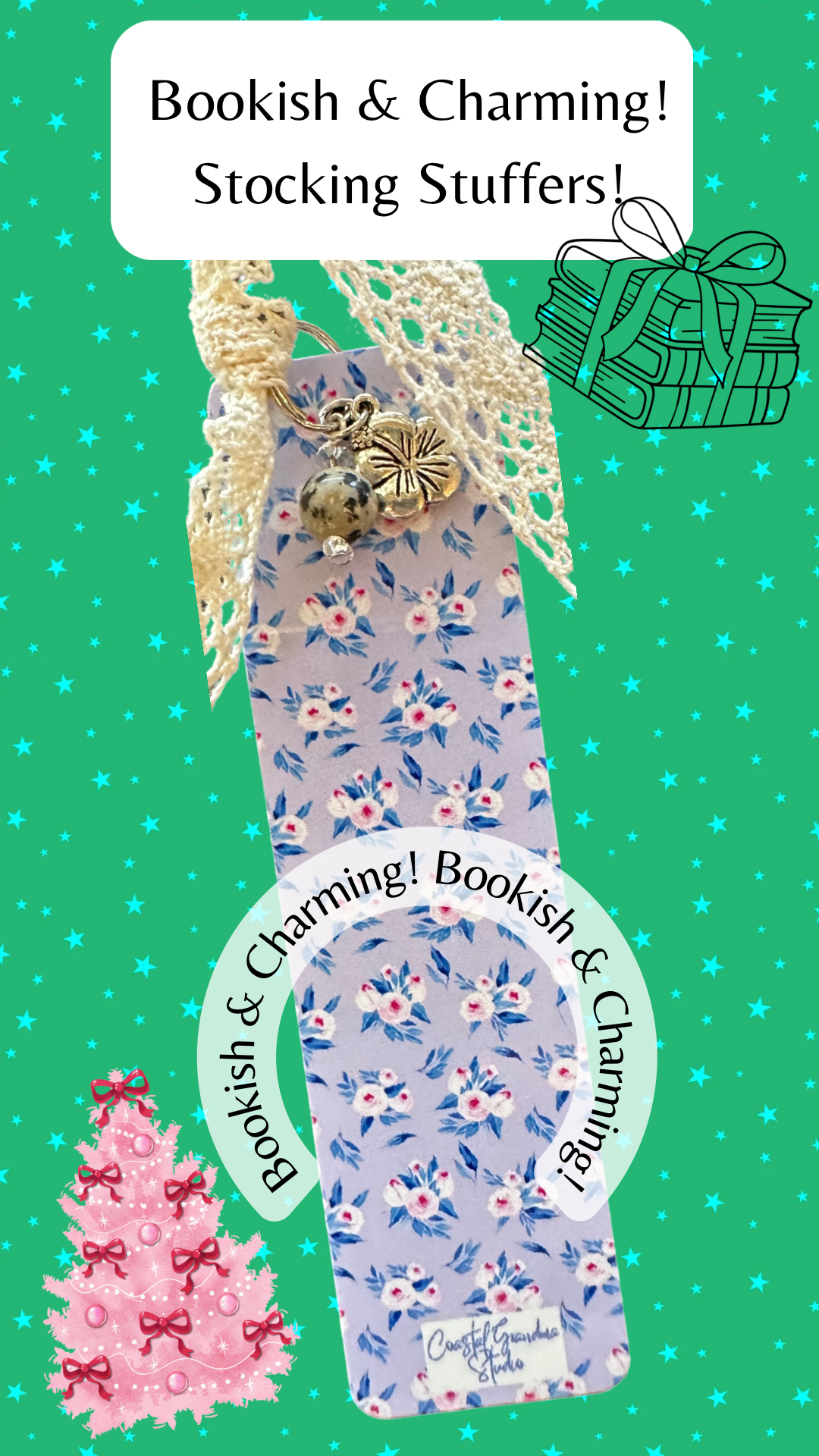 Soft Pink Bouquets Lightweight Aluminum Bookmark With Vintage Lace, Charms & a Jasper Bead  (1352-B)