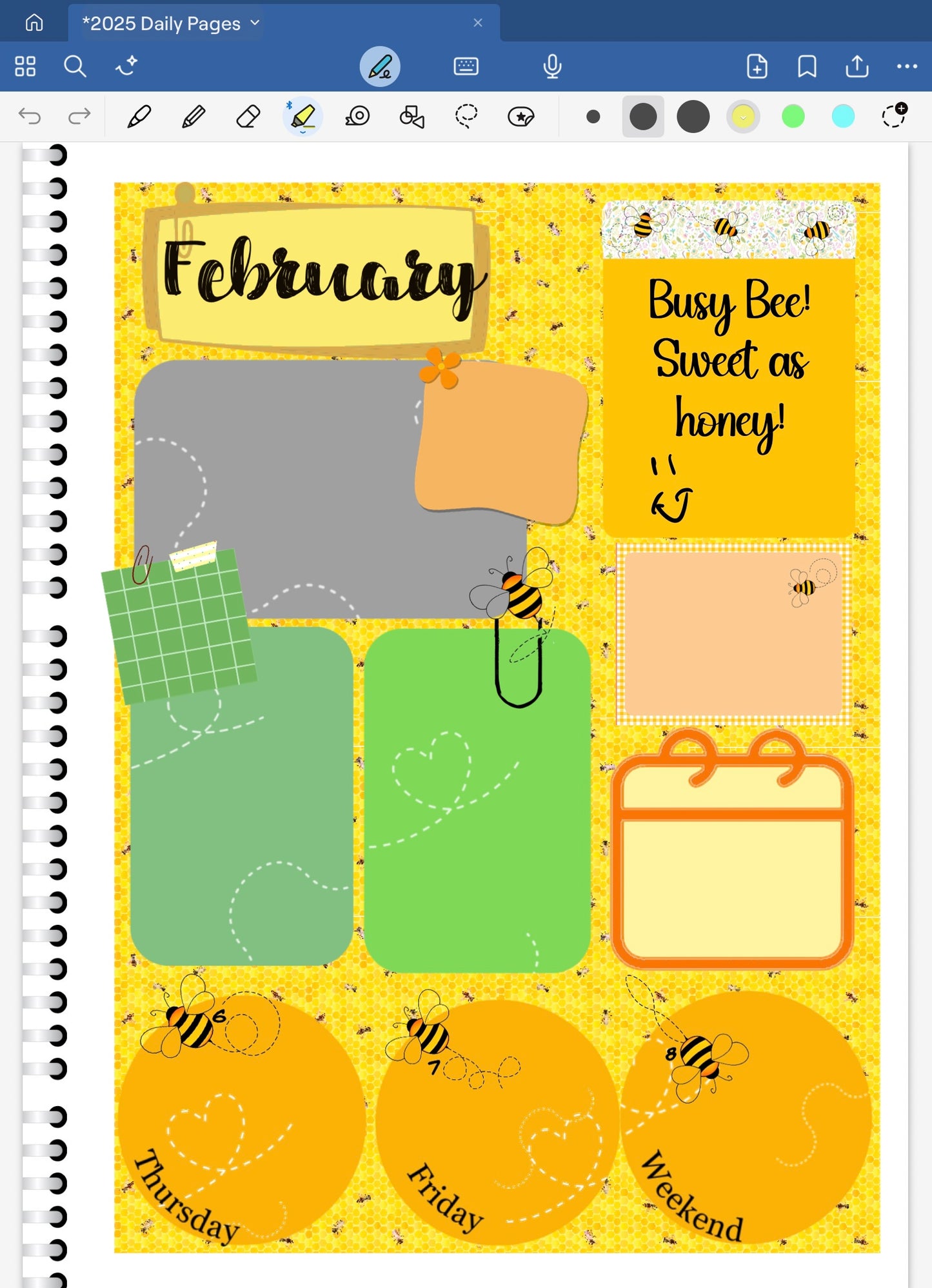 Goodnotes planner spread using a bee design  with patterned background digital goodnotes stickers.