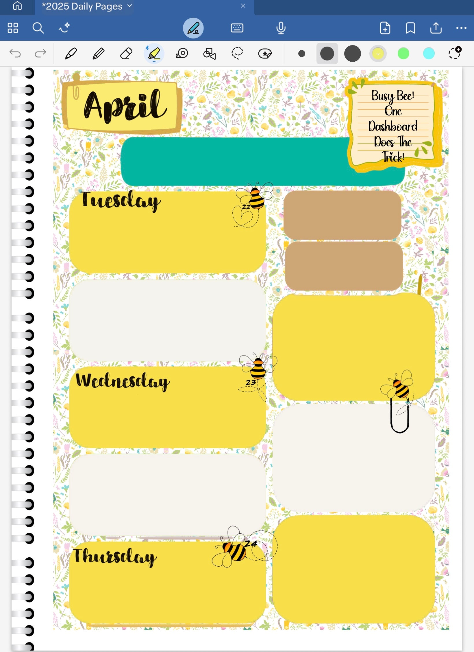 Goodnotes digital planner page with yellow sections for days of the week on a patterened background