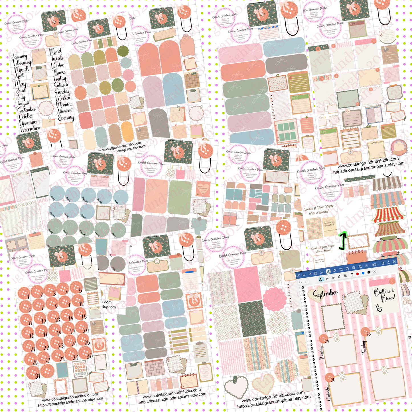 Buttons & Bows! GoodNotes Sticker Bundle – Digital Planner Stickers for iPad, Pre-Cropped Aesthetic Stickers Pack (9800-BU)