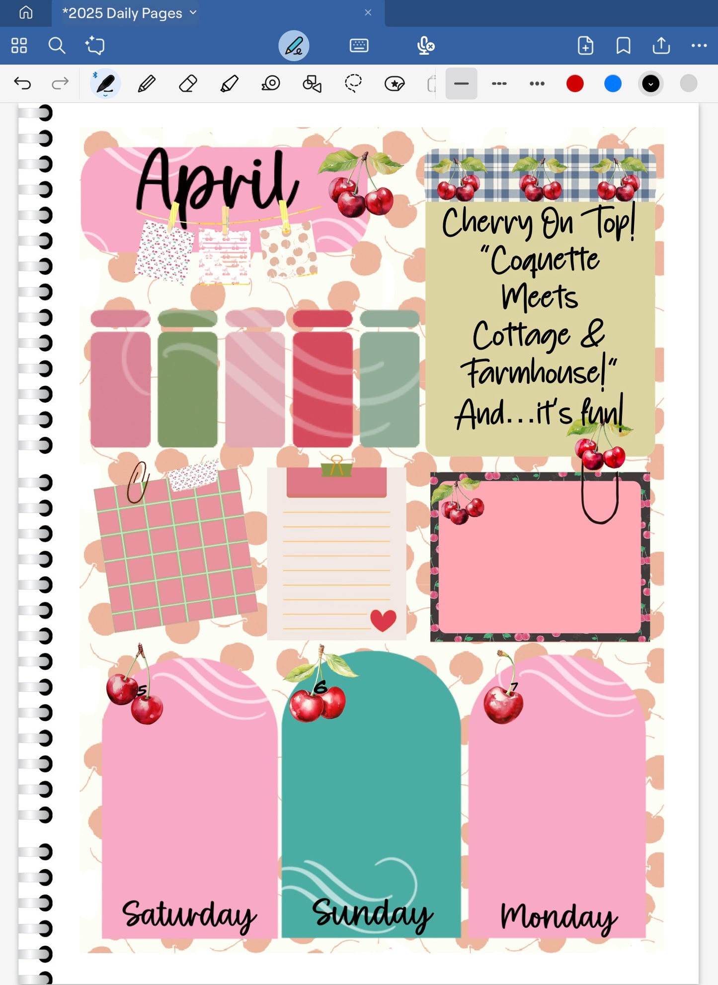 Goodnotes Digital Planner Spread with decorative cherries and  coordinating digital stickers.